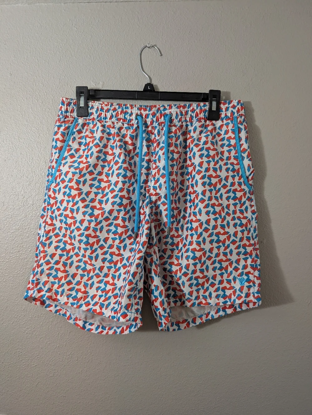Beach Bros Lined Men's Printed Swim Trunks in White with Blue & Red Accents